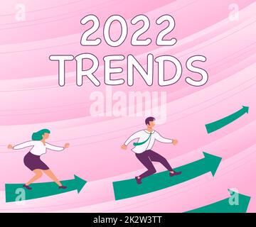 Handgeschriebenes Schild 2019 Trends. Ein Wort für Dinge, die im laufenden Jahr für kurze Zeit berühmt sind, man-Holding-Bildschirm des Mobiltelefons mit der futuristischen Technologie. Stockfoto