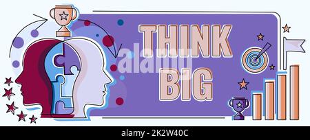 Textbeschriftung für „Think Big“. Geschäftskonzept zur Planung für etwas, das für sich selbst von hohem Wert ist, oder für die Vorbereitung „zwei Köpfe verbunden“ Puzzle „Probleme lösen“ und „Erfolg teilen“ Stockfoto