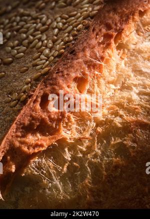 Super-Makro-Schuss Sesambrotkrusten. Stockfoto