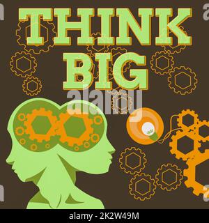 Handgeschriebenes Schild „Think Big“. Konzeptfoto zur Planung für etwas Wertvolles für sich selbst oder zur Vorbereitung von zwei Köpfen mit Zahnrädern, die Technologieideen zeigen. Stockfoto