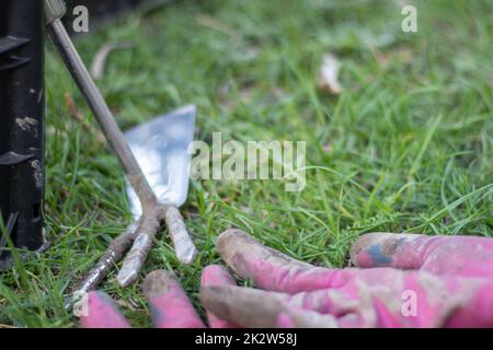 Gartengeräte, kleine Rechen, pinkfarbene Handschuhe auf dem Boden und grünes Gras. Speicherplatz kopieren. Arbeitshandschuhe für Bauern oder Gärtner, kleine Gartenrechen im Freien während der Gartenarbeit. Stockfoto