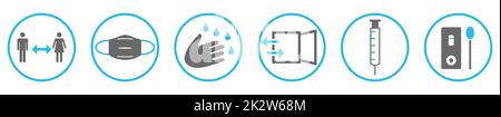 Blau-graue Anleitung für Covid-19: Waschen Sie sich die Hände, halten Sie Abstand, tragen Sie eine Maske, öffnen Sie das Fenster, lassen Sie sich impfen, Medizinischen Test durchführen Stockfoto