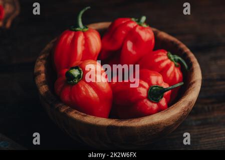 Frische Habanero Peppers in einer Holzschüssel Stockfoto