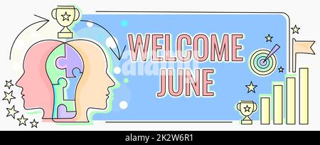 Textzeichen mit „Welcome June“ (Willkommen Juni). Geschäftsidee Kalender Sechster Monat zweites Quartal dreißig Tage Grüße zwei Köpfe verbundenes Puzzle „Probleme lösen und Erfolge teilen“ Stockfoto