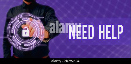 Textbeschriftung mit Anzeige „benötigt Hilfe“. Geschäftsidee, wenn jemand unter Druck steht und nicht mit der Situation umgehen kann Geschäftsmann im Anzug, der die Hand offen hält, um erfolgreiche Teamarbeit zu symbolisieren. Stockfoto