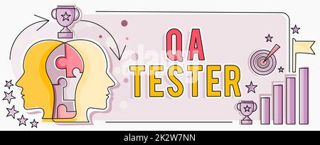 Konzeptionelle Anzeige QS-Tester. Geschäftsansatz Qualitätssicherung eines laufenden Projekts vor der Implementierung zwei „Leiter verbunden“ Puzzle „Probleme lösen“ und „Erfolg teilen“ Stockfoto