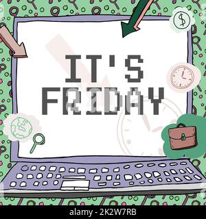 Textüberschrift Presenting IT S Friday. Business Showcase Letzter Tag der Arbeitswoche vor Samstag oder Wochenenden Poster mit Geldsymbolen, die die Pünktlichkeit der Mitarbeiter anzeigen. Stockfoto