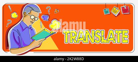 Zeichen, das Translate anzeigt. Wort für Wort mit der gleichen Bedeutung wie eine Zielsprache Mann, der ein Buch studiert und neue Geschäftsstrategien erlernt, um Ziele zu erreichen. Stockfoto