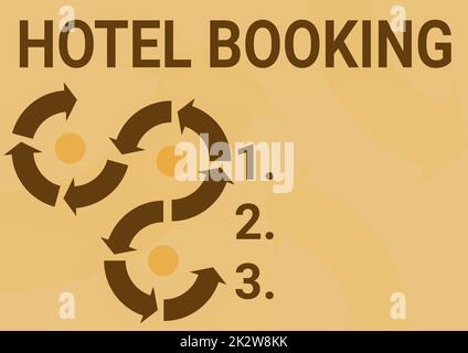 Handgeschriebenes Schild „Hotelbuchung“. Geschäftsidee Online-Reservierungen Presidential Suite De Luxe Hospitality Pfeilzeichen symbolisiert erfolgreiche Projektzyklen. Stockfoto