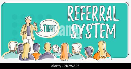 Schreiben mit Anzeige von Text Referral System. Konzept bedeutet, dass der eigene Patient an einen anderen Arzt geschickt wird, damit der Behandlungsteam eine Präsentation mit den neuesten Geschäftsstrategien vorführt. Stockfoto