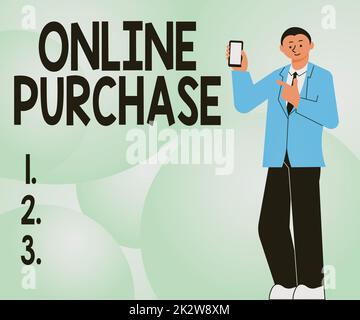 Textunterschrift für Online-Käufe. Business Concept kauft E-Commerce-Produkte von Over the Internet Hands Holding Flag Goals, Lamp Ideas Trophy Celebrating Success Graph Bars Stockfoto