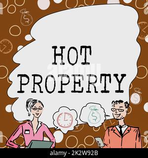 Konzeptionelle Beschriftung Hot Property. Ein Wort, das auf etwas geschrieben ist, das gesucht wird oder stark begehrt wird. Teammitglieder, die sich Whiteboard-Brainstorming zu neuen Lösungen ansehen. Stockfoto
