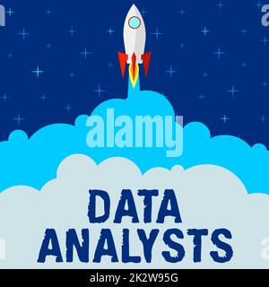 Textzeichen mit Datenanalysten. Geschäftsansatz Programmer Design and Create Report identifiziert Muster Raketenschiff startet schnell direkt in den Weltraum. Stockfoto