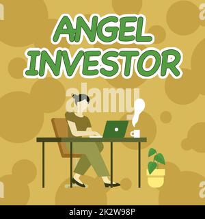 Konzeptionelle Darstellung Angel Investor. Wort für vermögende Einzelperson, die eine Frau, die mit Laptop-Rückansicht sitzt, finanziell unterstützt und die Arbeit von zu Hause aus erledigt Stockfoto