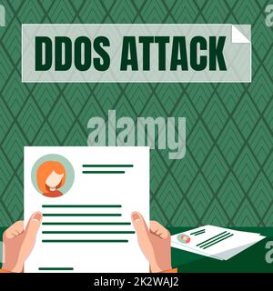 Konzeptionelle Überschrift DDoS-Angriff. Internetkonzepte Täter versucht, Netzwerkressourcen nicht verfügbar zu machen Hände Halten Lebenslauf Zeigen neue Karrierechancen offen. Stockfoto
