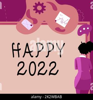 Konzeptionelle Überschrift Happy 2022. Zeit oder Tag, an dem ein neues Kalenderjahr beginnt, Geschäftsfrau, die ein Geschäftsangebot und Updates an Bord präsentiert. Stockfoto