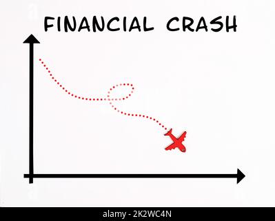 Grafik mit einem Absturz des Flugzeugs, Finanzcrash, Inflationskrise, Investitionsrisiko, globaler Wirtschaftskrise, Geschäftsbankrott Stockfoto