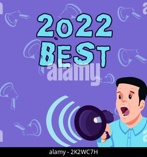 Textzeichen mit der Angabe „2022 Beste“. Business Showcase höchste Qualität in allen Bereichen, die sich auf das nächste Jahr vorbereiten Geschäftsmann spricht über Megaphone und macht wunderbare Neuankündigung Stockfoto