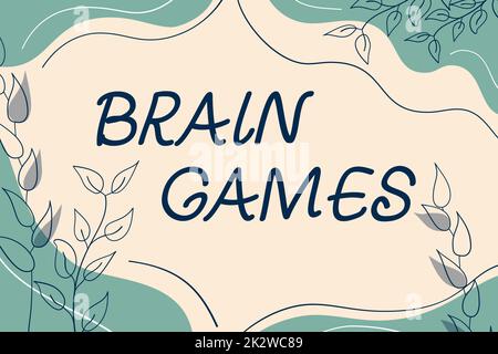 Handschriftlich: Brain Games. Geschäftsübersicht Psychologische Taktik, um mit dem Gegner Blank Frame zu manipulieren oder einzuschüchtern, dekoriert mit abstrakten, modernisierten Formen Blumen und Blattwerk. Stockfoto