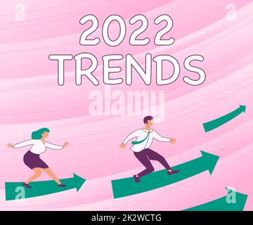 Handgeschriebenes Schild 2019 Trends. Ein Wort für Dinge, die im laufenden Jahr für kurze Zeit berühmt sind, man-Holding-Bildschirm des Mobiltelefons mit der futuristischen Technologie. Stockfoto