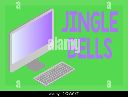 Textzeichen mit Jingle Bells. Geschäftsansatz der berühmteste traditionelle Weihnachtssong auf der ganzen Welt Monitor mit Tastatur symbolisiert die Online-Verbindung zwischen Kollegen. Stockfoto