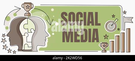 Konzeptionelle Darstellung sozialer Medien. Word für Online-Kommunikationskanal Netzwerk Microblogging zwei Köpfe verbundenes Puzzle zeigt Problemlösung und Erfolg teilen Stockfoto