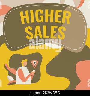 Konzeptionelle Anzeige höherer Umsatz. Geschäftsansatz der durchschnittlich verkaufte Produkt- und Servicebedarf eines Unternehmens ist gewachsen. Ein Geschäftsmann, der mit dem Mobiltelefon Pläne zur Erreichung der neuesten Ziele aufstellt. Stockfoto