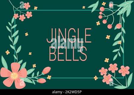 Handschriftlicher Text Jingle Bells. Internetkonzept berühmtestes traditionelles Weihnachtslied auf der ganzen Welt Gestell dekoriert mit farbenfrohen Blumen und Blattwerk harmonisch angeordnet. Stockfoto