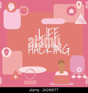 Textunterschrift mit „Life Hacking“. Konzeptfoto Einfache und clevere Techniken zur einfachen Erledigung von Aufgaben Mann sitzt am Schreibtisch und präsentiert neue Technologien. Stockfoto
