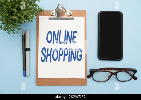 Textunterschrift für Online-Shopping. Concept Means ermöglicht es Verbrauchern, ihre Waren über das Internet zu kaufen Blitzlehrer Bürobedarf, Lehrersammlungen, Schreibwerkzeuge Stockfoto