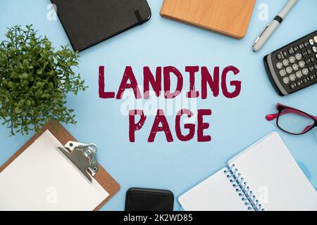 Konzeptionelle Darstellung Landingpage. Business Showcase Website Zugriff durch Klicken auf einen Link auf einer anderen Webseite Flash School Office Supplies, Teaching Learning Collections, Writing Tools Stockfoto