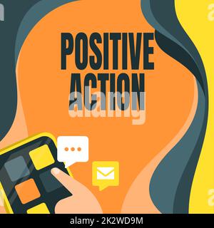 Textüberschrift mit positiver Aktion. Geschäftskonzept gute Einstellung gegenüber einer bestimmten Situation feine Reaktion durch Drücken der Anwendungstaste mit dem Finger wird eine globale Netzwerkverbindung angezeigt. Stockfoto