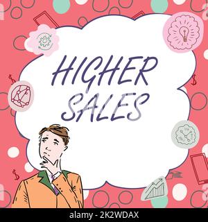 Konzeptionelle Anzeige höherer Umsatz. Geschäftskonzept die durchschnittlich verkauften Produkte und Dienstleistungen eines Unternehmens haben den Geschäftsmann innovatives Denken entwickelt, das Ideen für eine stabile Zukunft vorantreibt. Stockfoto