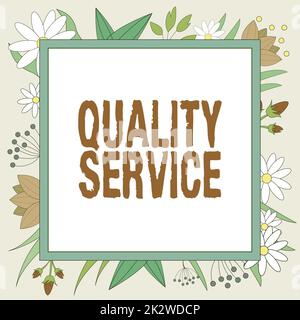 Schreiben mit Anzeige von Text Quality Service. Ein Wort darüber, wie gut der Service den Erwartungen der Gäste entspricht Rahmen dekoriert mit bunten Blumen und Laub harmonisch angeordnet. Stockfoto