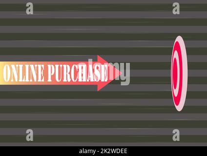Textunterschrift für Online-Käufe. Konzept bedeutet, dass E-Commerce-Produkte über das Internet von Arrow erworben werden, der sich schnell dem Ziel nähert, das das Erreichen von Zielen darstellt. Stockfoto