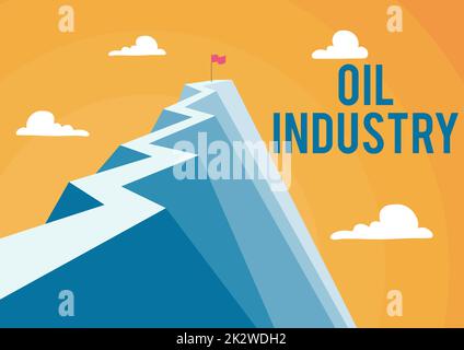 Textüberschrift zur Darstellung der Ölindustrie. Internet Concept Exploration Extraction Raffination Marketing Petroleum Products Mountain zeigt einen hohen Weg, der das Erreichen von Zielen symbolisiert. Stockfoto