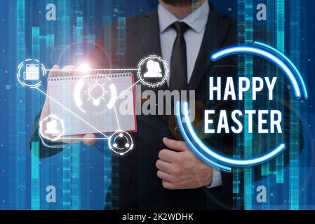 Text-Frohe Ostern. wird geschrieben Geschäftsübersicht christliches Festmahl zur Wiederauferstehung des Geschäftsmanns Jesus im Anzug mit Notizblock, der innovatives Denken repräsentiert. Stockfoto