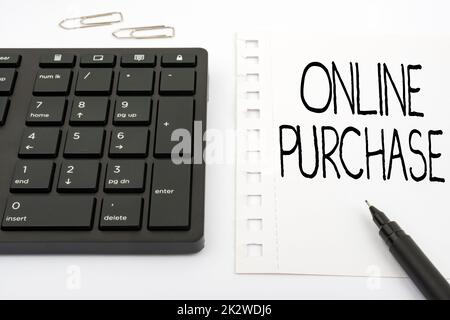 Textunterschrift für Online-Käufe. Konzept bedeutet, dass elektronische Handelswaren über die Internet-Computertastatur und Symbol gekauft werden. Informationsmedium für die Kommunikation. Stockfoto