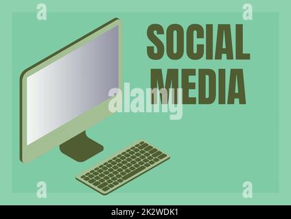 Textunterschrift für Social Media. Konzept bedeutet Online-Kommunikationskanal Netzwerk Microblogging-Monitor mit Tastatur, der die Online-Verbindung zwischen Kollegen symbolisiert. Stockfoto