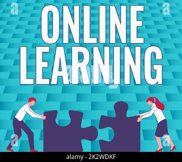 Konzeptionelle Darstellung Online Learning. Word for Larning mit Hilfe des Internets und eines Computerkollegen, die zwei Teile zusammenfassen Puzzle Together und Teamwork zeigen. Stockfoto