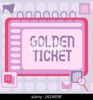 Inspiration mit Schild „Golden Ticket“. Business-Idee, Zugang mit Regenschein, VIP-Pass, Sitzplatz im Schließfach, leere, offene Spiralnotizbücher mit Taschenrechner und Stift auf dem Tisch. Stockfoto