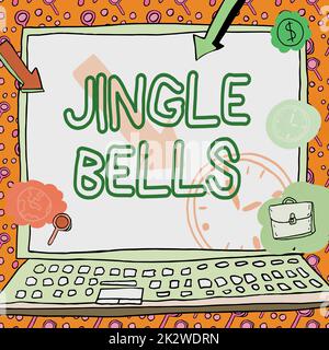 Inspiration mit dem Schild „Jingle Bells“. Übersicht über das Unternehmen die berühmtesten traditionellen Weihnachtslieder der Welt Poster mit Geldsymbolen, die die Pünktlichkeit der Mitarbeiter zeigen. Stockfoto