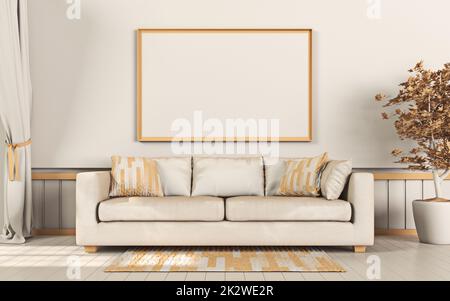 Imitierte Posterrahmen mit Baum und Sofa im Innenbereich Stockfoto