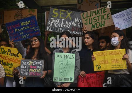 Neu-Delhi, Delhi, Indien. 23. September 2022. Aktivisten halten Plakate in einer "Global Climate Strike"-Demonstration über das Bewusstsein für den Klimawandel in Neu-Delhi (Foto: © Kabir Jhangiani/ZUMA Press Wire) Quelle: ZUMA Press, Inc./Alamy Live News Stockfoto