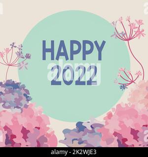 Konzeptionelle Überschrift Happy 2022. Wort für Zeit oder Tag, an dem ein neues Kalenderjahr beginnt Rahmen dekoriert mit farbenfrohen Blumen und Laub harmonisch angeordnet. Stockfoto