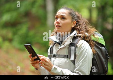 Verlorener Trekker, der in einem Wald mit dem Handy nach einem Ort sucht Stockfoto