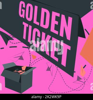 Inspiration mit Schild „Golden Ticket“. Word for Rain Check Access VIP Pass Box Sitzplatz Event Open Box mit fliegenden Papierflugzeugen präsentieren neue kostenlose Ideen Stockfoto