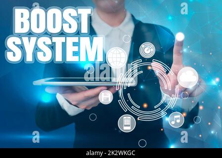 Textzeichen mit „Boost“-System. Konzeptionelle Foto Rejuvenate Upgrade stärken Be gesünder ganzheitlicher Ansatz Lady Hold Tablet symbolisiert erfolgreiche Teamarbeit Leistungen. Stockfoto