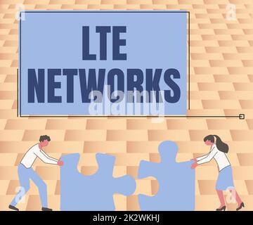 Schild mit LTE-Netzwerken. Wort für schnellste Netzwerkverbindung für Kollegen in der drahtlosen Kommunikation zwei Teile zusammenfassen Puzzle Together Showing Teamwork. Stockfoto