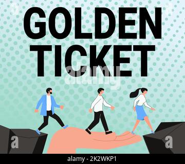 Inspiration mit Schild „Golden Ticket“. Word for Rain Check Access VIP Passport Box Office Sitzplatzpfeile leiten zwei Kollegen auf dem Weg zu einer besseren Finanzplanung Stockfoto